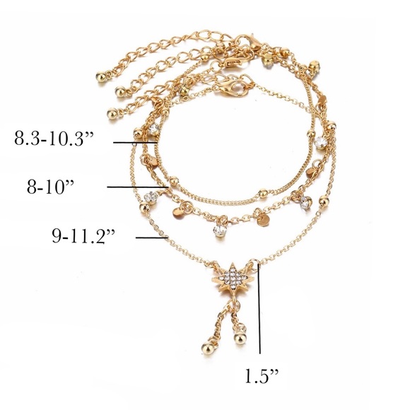 Bohemian 3 Pcs Crystal Star and Gold Anklet Set - Picture 10 of 10